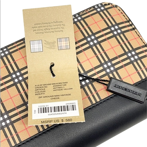 Burberry New Black Check Signature Large Zip Around Logo Leather Wallet - Picture 5 of 13